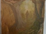an image of a painting of a person walking through a forest