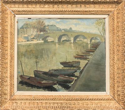 a painting of boats on the water near a bridge