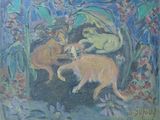 tableau représentant deux chats jouant ensemble dans un jardin