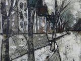 a painting of a bench in the middle of a snowy park