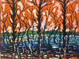 une peinture représentant une peinture d'arbres avec un ciel orange en arrière-plan
