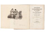 an old book with a drawing of a man and a woman sitting on a bench