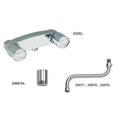 a close up of a faucet with two handles and a hose