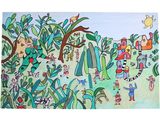 un tableau représentant un groupe de personnes dans les bois