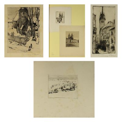 quatre dessins représentant une scène de rue avec une église et un clocher