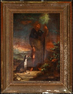 an old painting of a man and a dog in a landscape