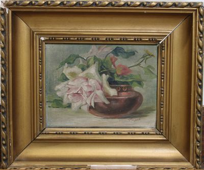 une peinture à l'huile représentant un vase avec des fleurs sur une table