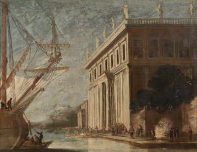 une peinture représentant un bateau sur un plan d'eau près d'un bâtiment
