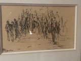drawing of a group of people walking down a street in a line