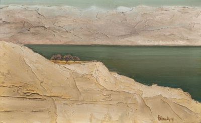 painting of a view of a body of water from a cliff