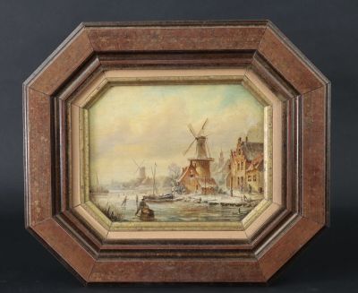 Ecole du Nord XIXe: "Paysage au moulin en hiver", huile sur …