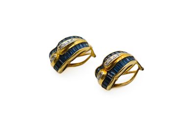 a pair of gold and blue enamel earrings with diamonds