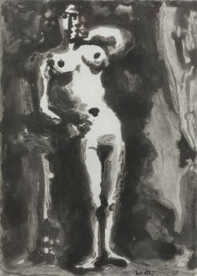 dessin en noir et blanc représentant une femme nue debout devant un rideau