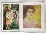 two paintings of a woman and a tree in a white frame