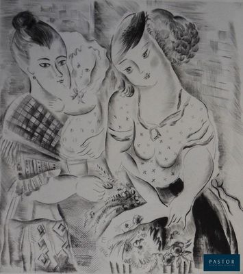 drawing of a woman and a child sitting on a couch