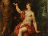 a painting of a woman sitting on a rock next to a man