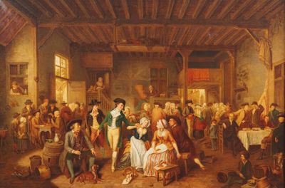 tableau représentant un grand groupe de personnes dans une pièce avec une cheminée