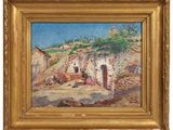 un tableau représentant une scène de village avec une femme assise par terre
