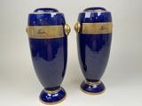 pair of blue vases with gold trim and handles sitting on a white surface
