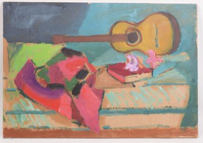 an oil painting of a guitar and a hat sitting on a couch