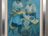 tableau représentant deux hommes travaillant sur une table où se trouve un bol de myrtilles