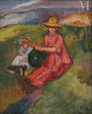 a painting of a woman and a child in a field