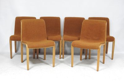 six orange chairs are lined up against a white backdrop
