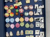 a shadow box with a variety of pins and magnets