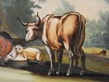 a painting of a cow and sheep in a field