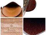 four different images of a purse with a brown leather lining