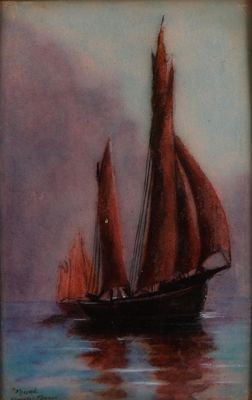 tableau représentant un voilier aux voiles rouges sur un plan d'eau