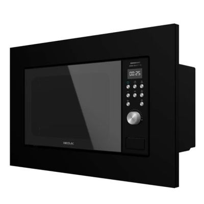 the microwave is black and has buttons on the side of it