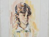 painting of a young girl in a white shirt with a yellow background