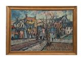 a painting of a street scene with houses and trees