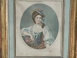 painting of a woman in a blue dress with a flower in her hair