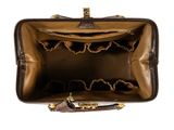the inside of a brown purse with a handle and a zipper