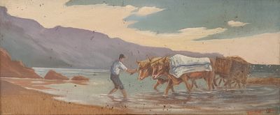 a painting of a man walking with two horses on the beach