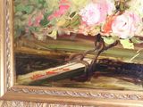 a painting of flowers in a vase on a table