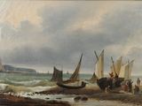 une peinture de bateaux sur la plage au bord de l'eau