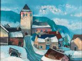 an image of a painting of a village in the snow
