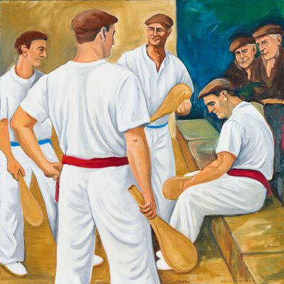 un tableau représentant un groupe d'hommes tenant des battes de baseball