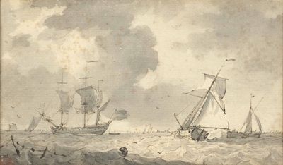 painting of a group of ships in rough water with smoke coming out of the sky