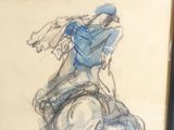 drawing of a man riding a horse in a black frame