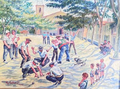 a painting of a group of people playing a game of croquet