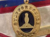 a gold medal with a bird on it on display