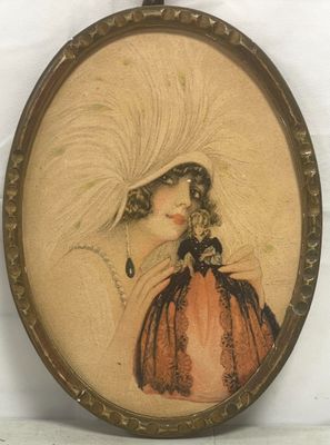 tableau représentant une femme coiffée d'un chapeau, avec un chat accroché à son revers