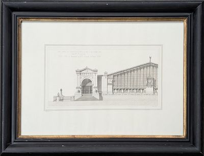 an old drawing of a building with a clock on it