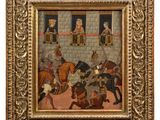 a painting of a group of men on horses in a gold frame