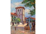 an oil painting of people standing in front of a building with a clock tower in the background