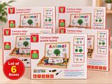 quatre boîtes de puzzles en bois pour enfants, ornées d'animaux et de lettres